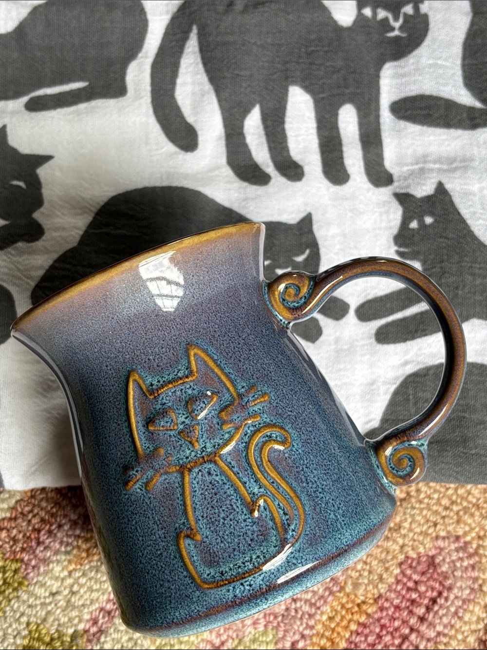 La Rochelle Kitty Cat Ceramic Studio Artisan Stoneware Folk Art Blue Glaze Mug - Picture 14 of 14